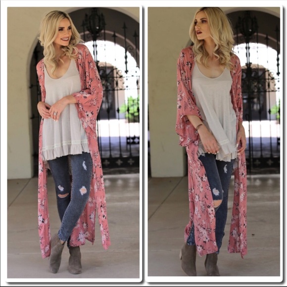 BOHO Rose Floral Print Kimono Duster - Picture 2 of 4
